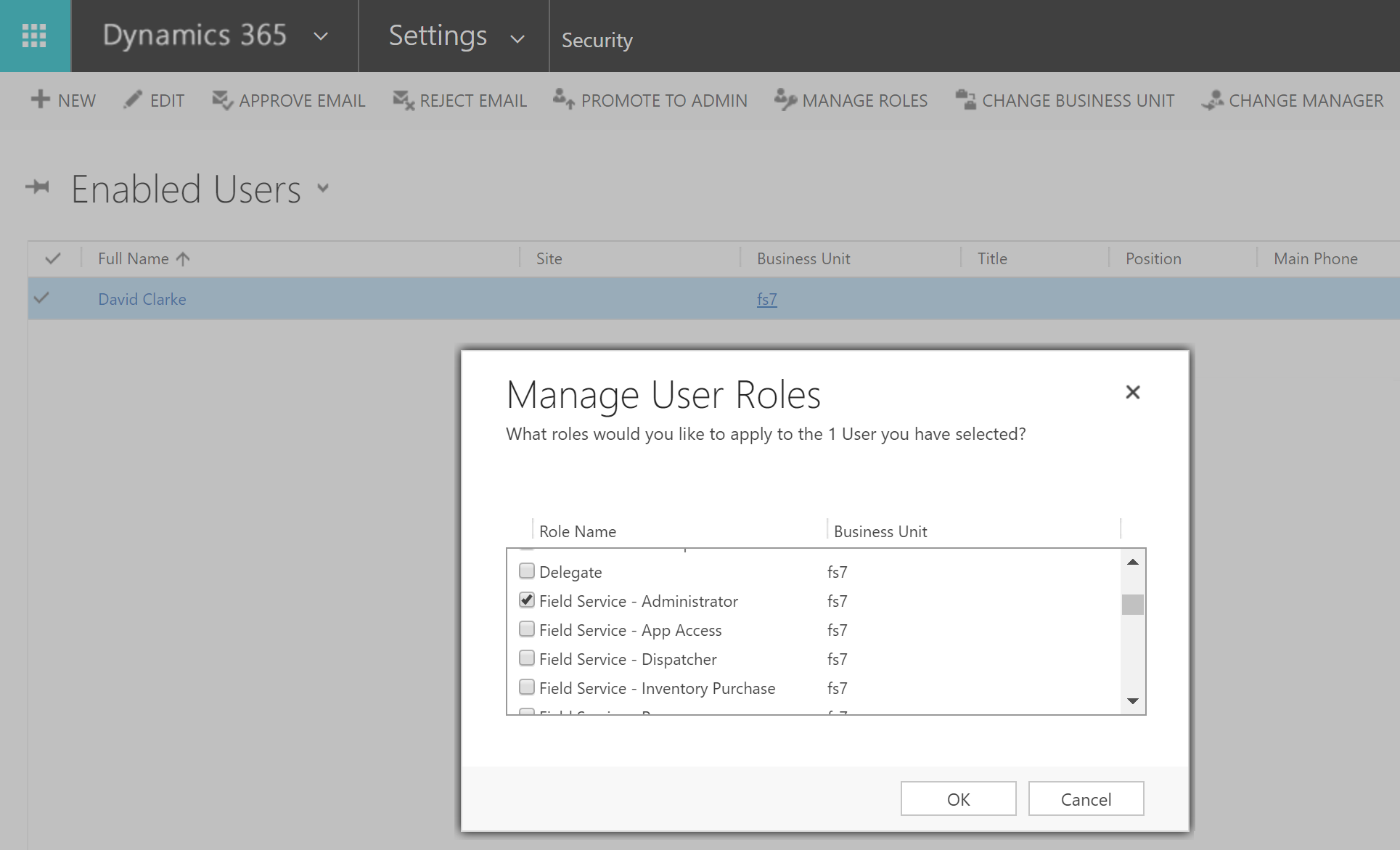 Screenshot of adding a security role to a User.