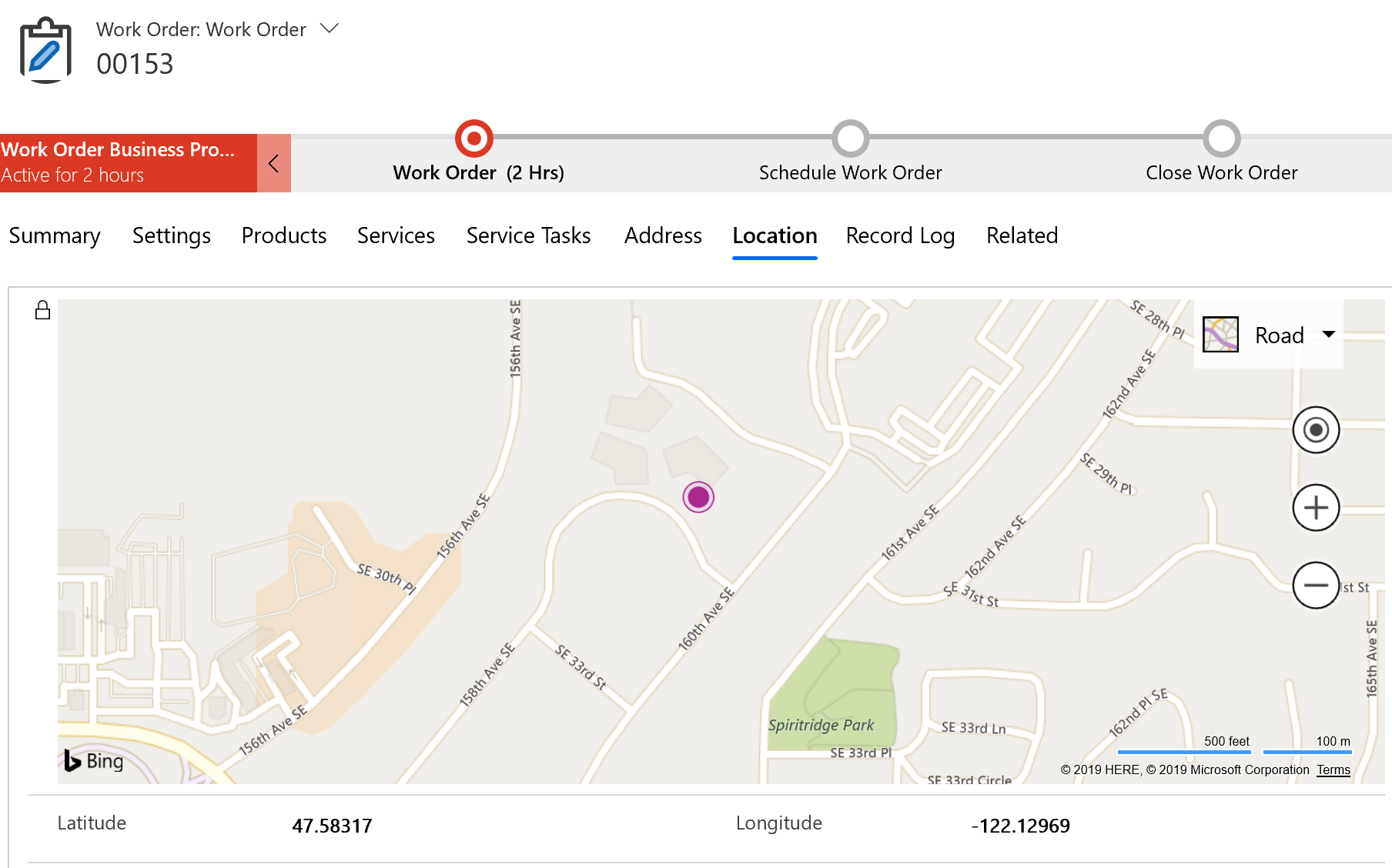 Screenshot of work order map location.