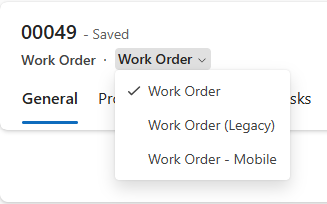 Screenshot of the work order form, with the form switcher highlighted.