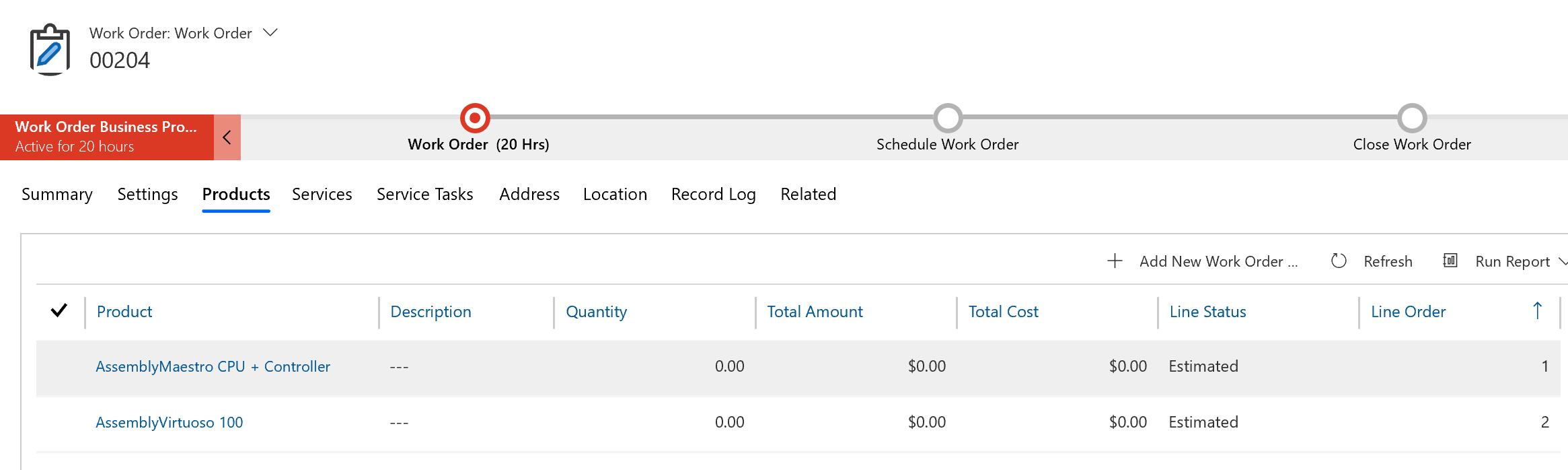 Screenshot of a work order on the products tab.