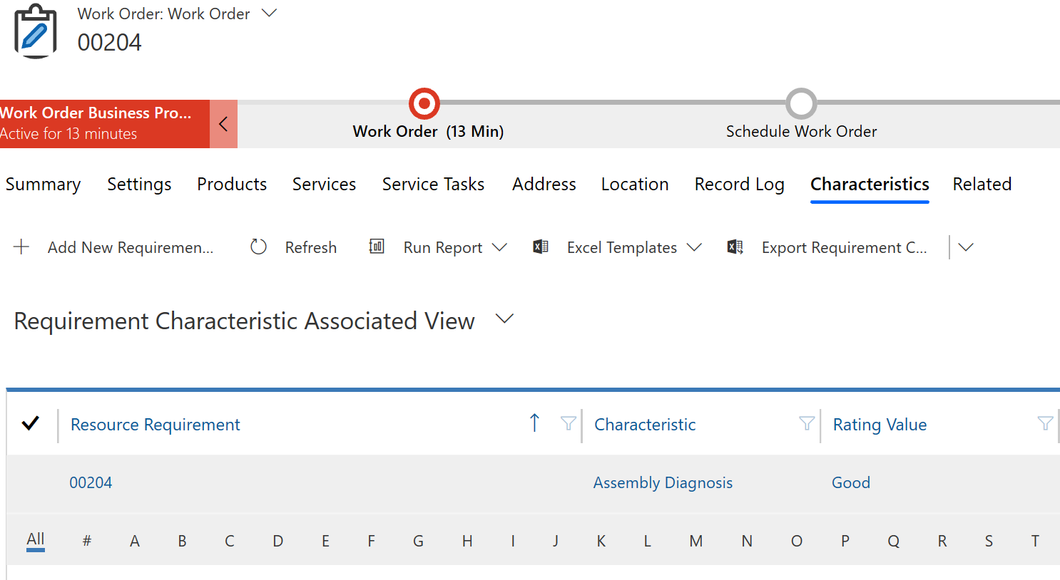 Screenshot of the characteristics tab on a work order.