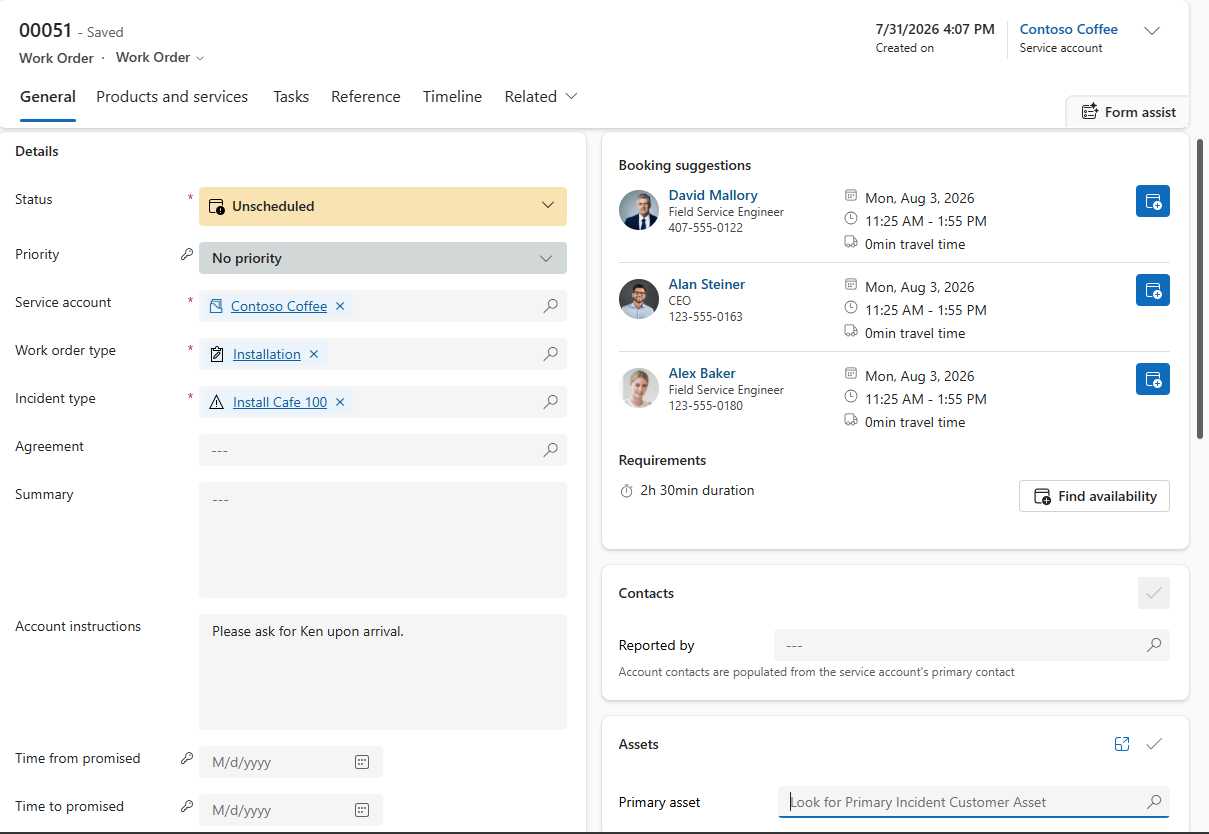 Screenshot of the customer asset entity with related work orders highlighted.