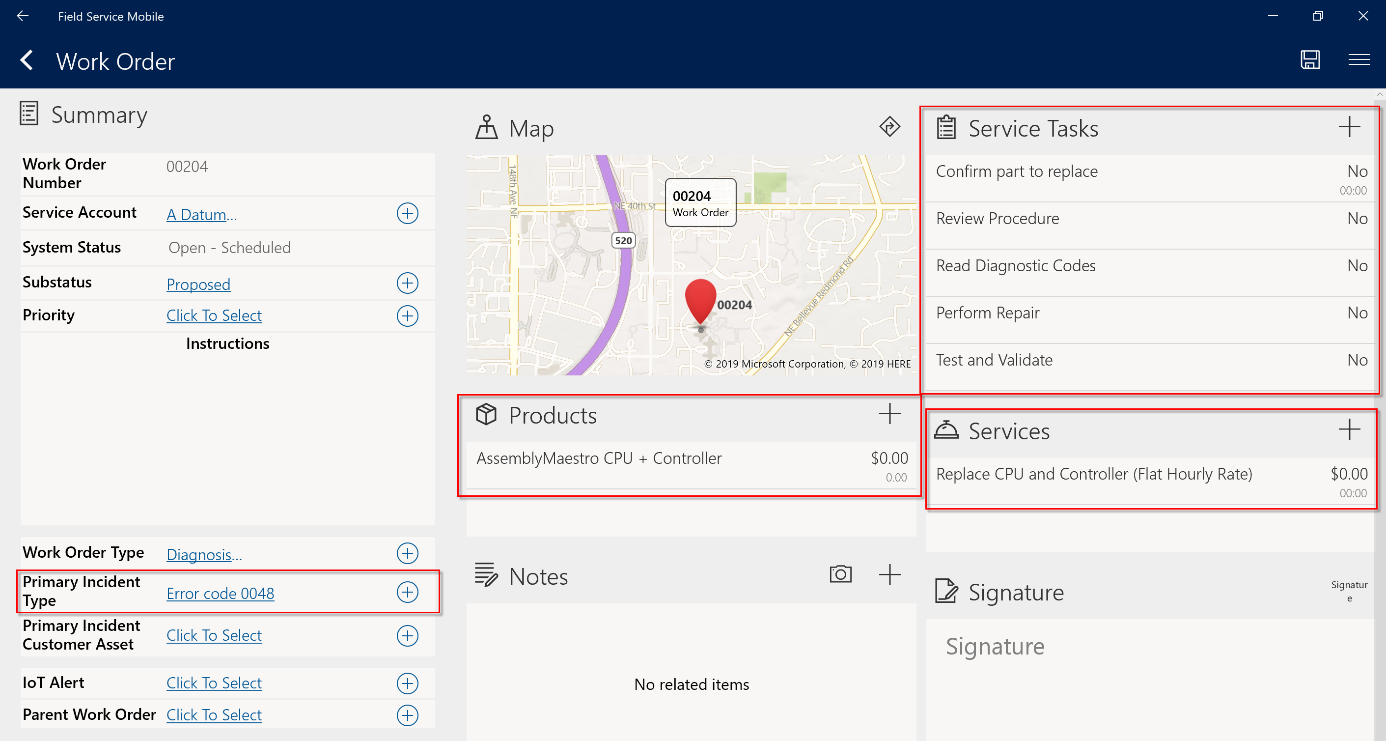 Screenshot of Field Service Mobile work order, with the populated information highlighted.