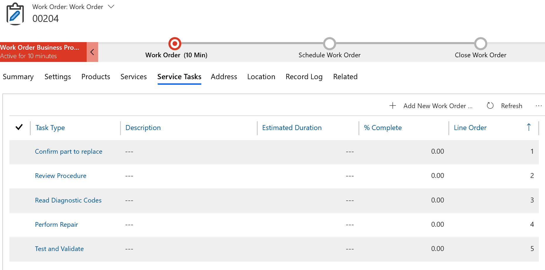 Screenshot of a work order, on the service tasks tab.
