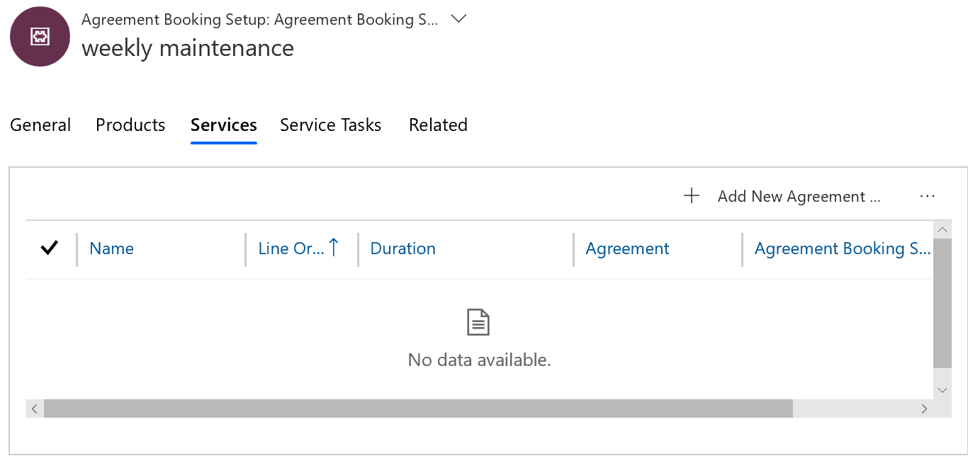 Screenshot of an agreement booking setup record, on the Services tab, with no listed services.