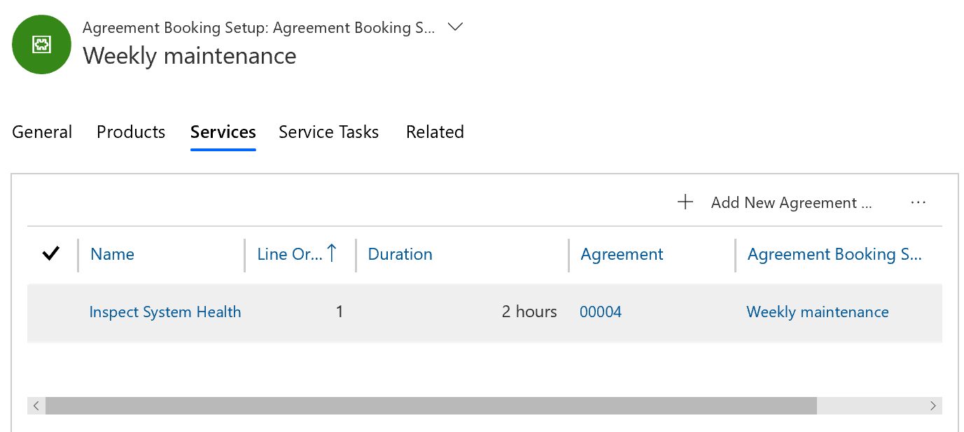 Screenshot of an agreement booking setup record, on the Services tab, with a listed service.