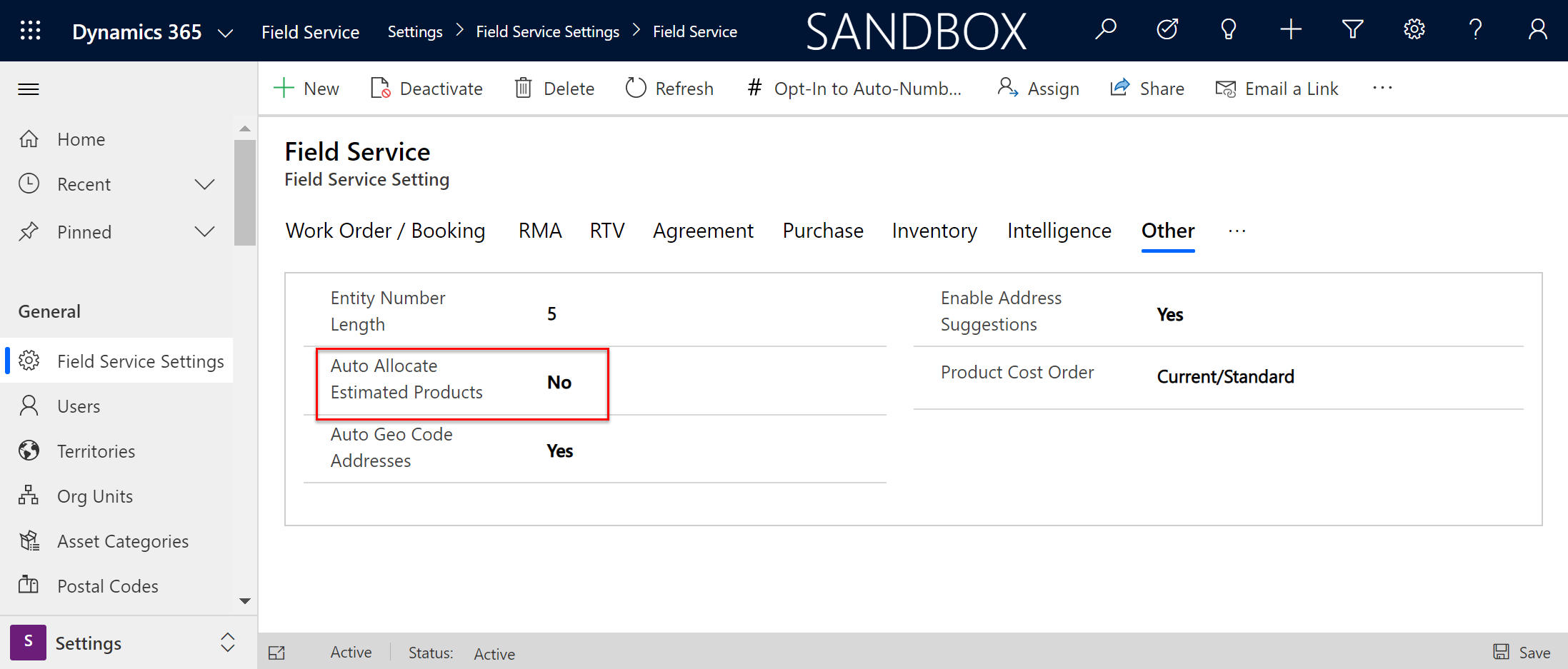 Screenshot of a Field Service Setting showing the "auto allocates estimated products" field set to no