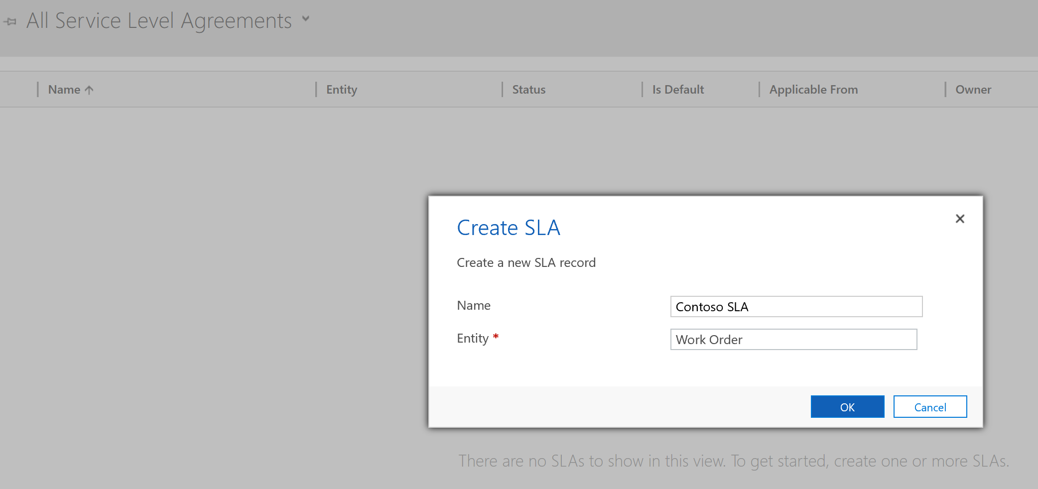 Screenshot of creating a new SLA for Work Order entity.