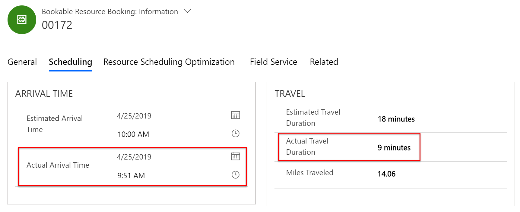 Screenshot of the Booking Information window, showing the Scheduling tab with the Actual Arrival Time and Actual Travel Duration highlighted with a red border.
