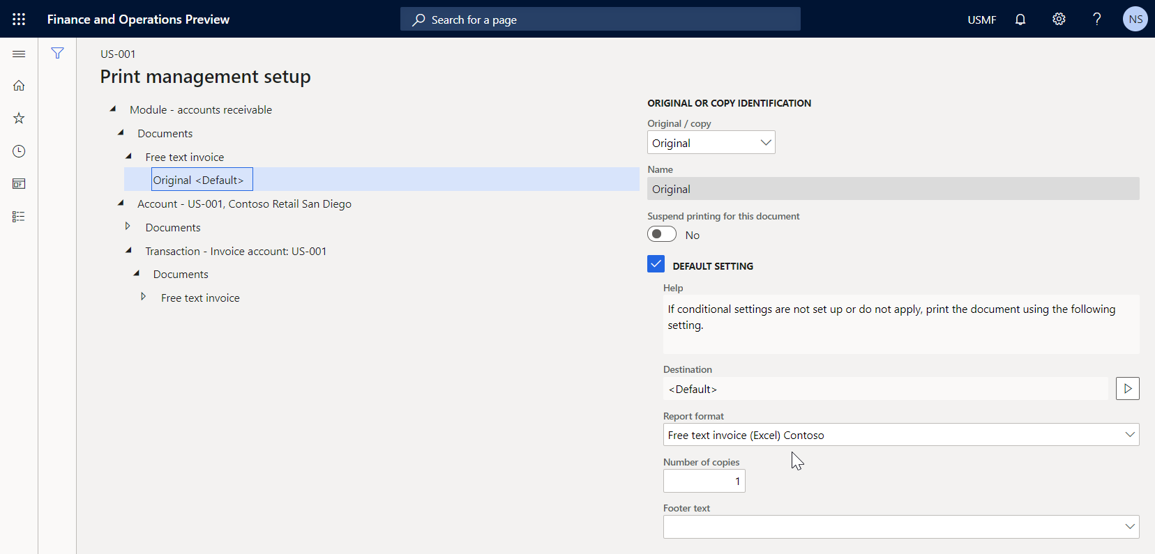 Free text invoice (Excel) Contoso template selected.