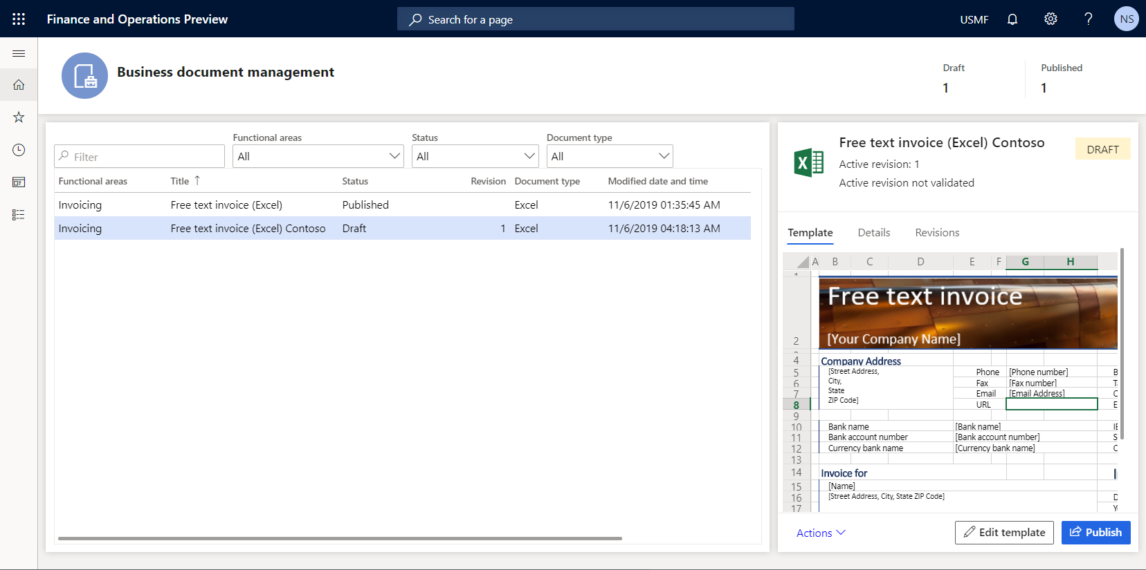 Edited template in the Business document management workspace.