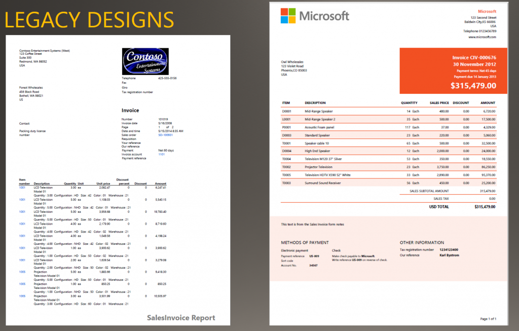 Examples of an earlier sales invoice design and a modern sales invoice design.