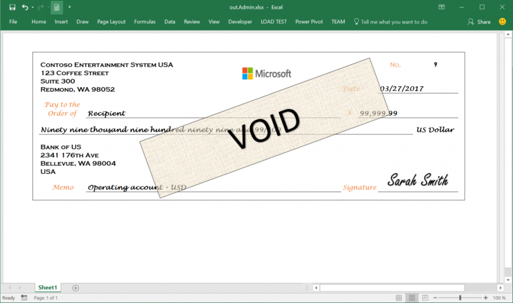 Screenshot of a payment check test printout generated from the Excel template.