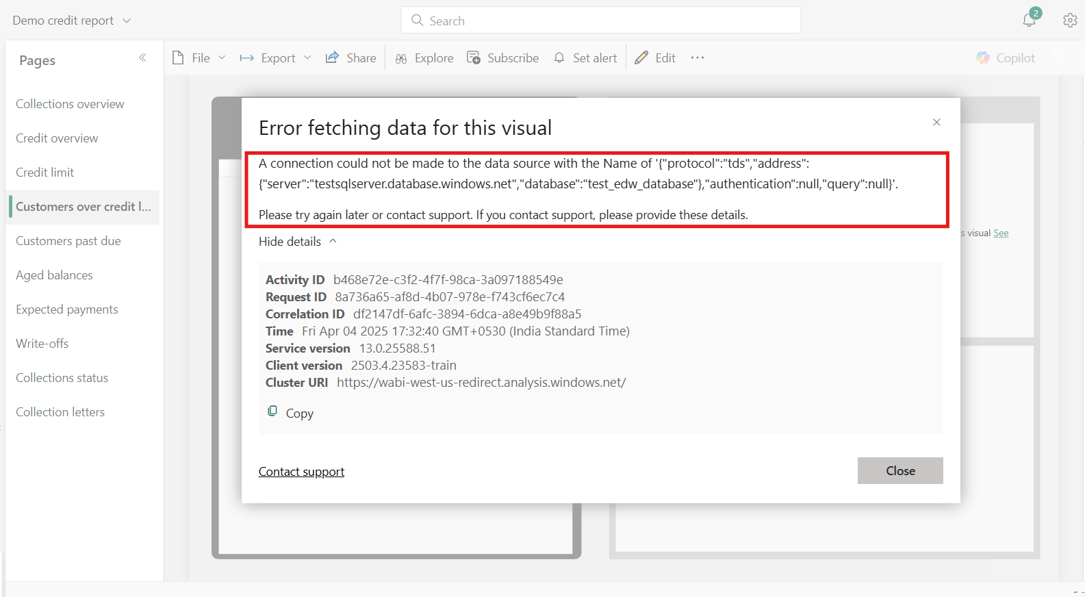 Screenshot of PowerBI.com report with connection issue.