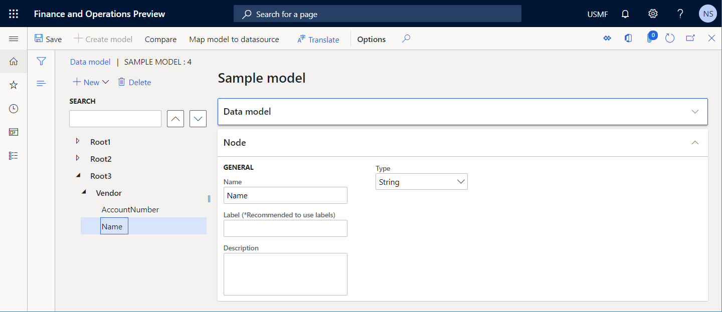 Adding nested fields on the Data model page.