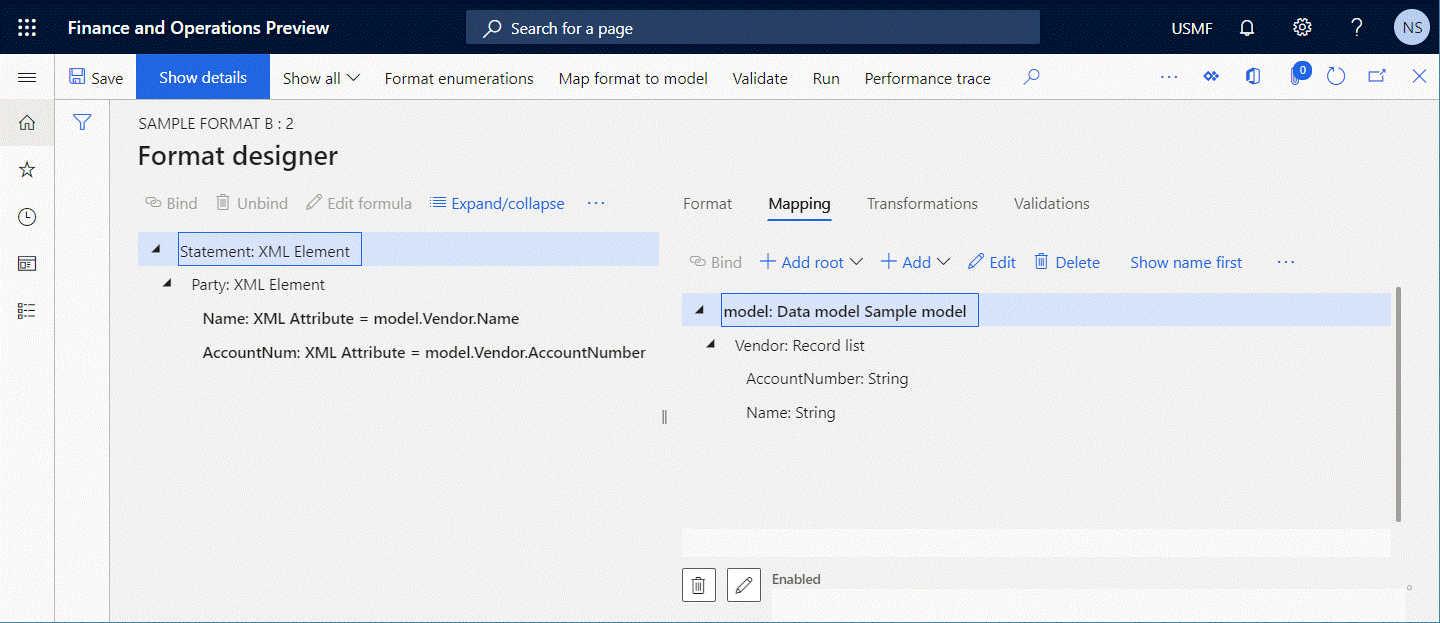 Binding the format element to the data source item on the Format designer page.
