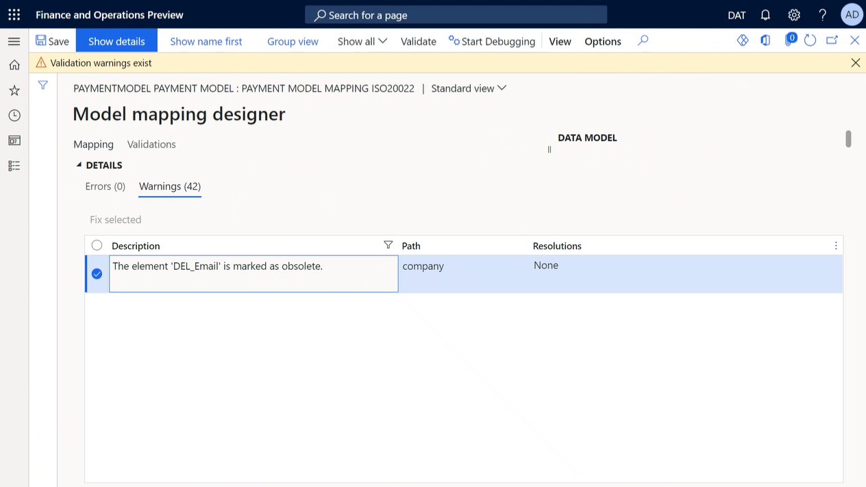 Review the validation warnings in the Details FastTab on the Model mapping designer page.
