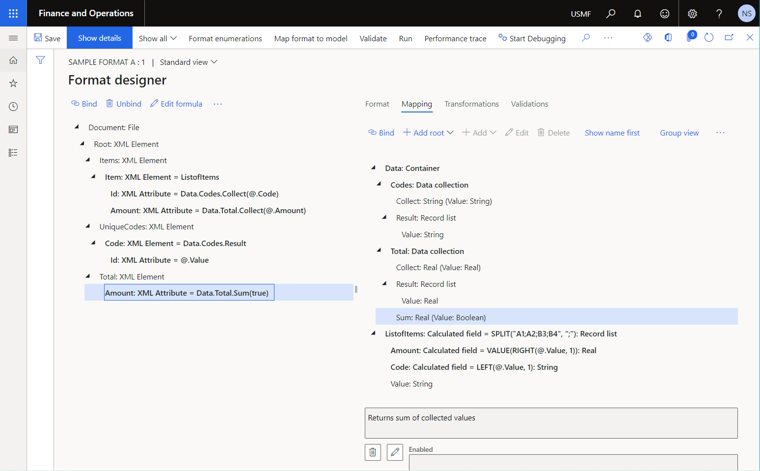 Configured data sources of the Data collection type on the Format designer page.