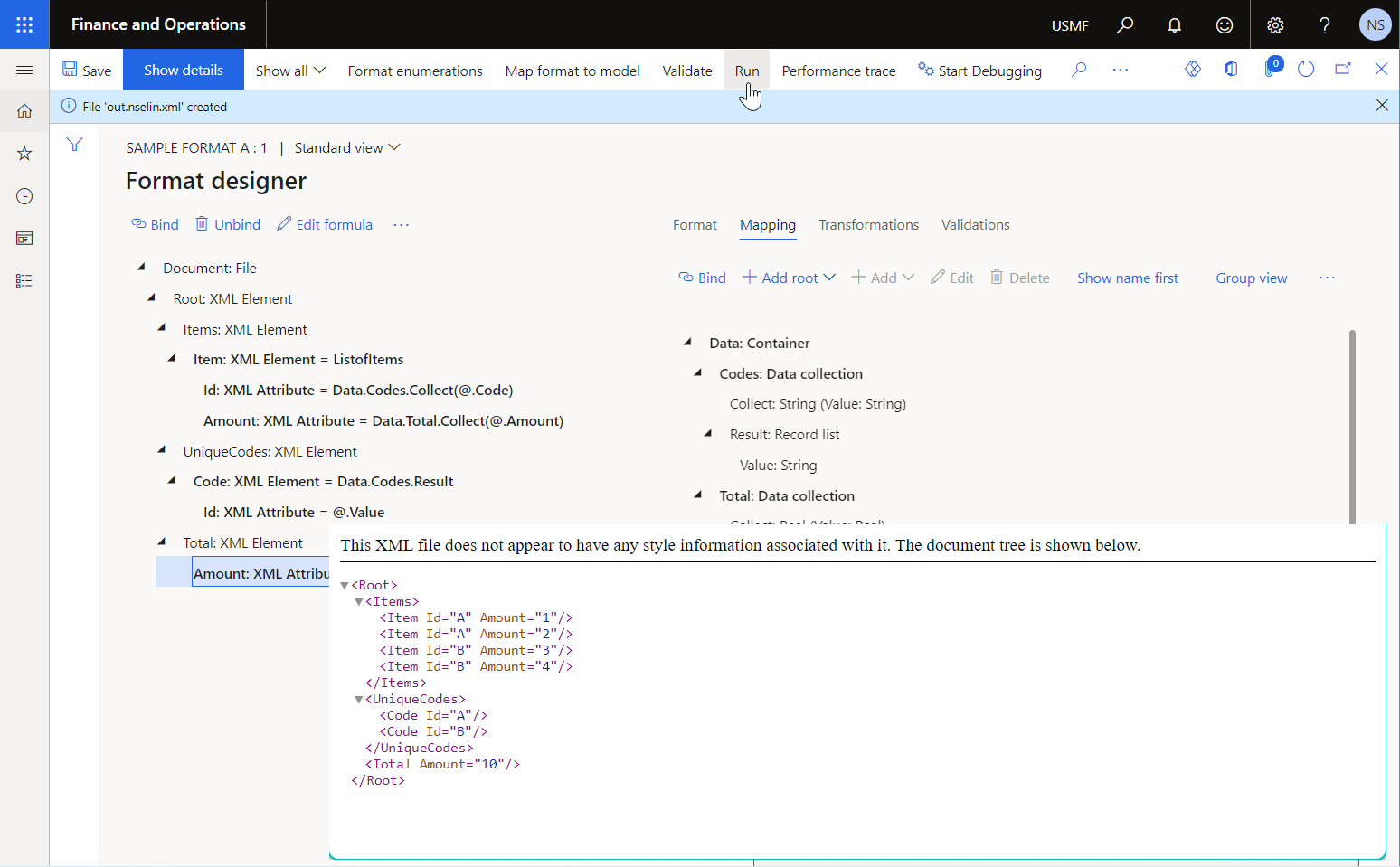 Result of running the sample ER format that has data sources of the Data collection type on the Format designer page.