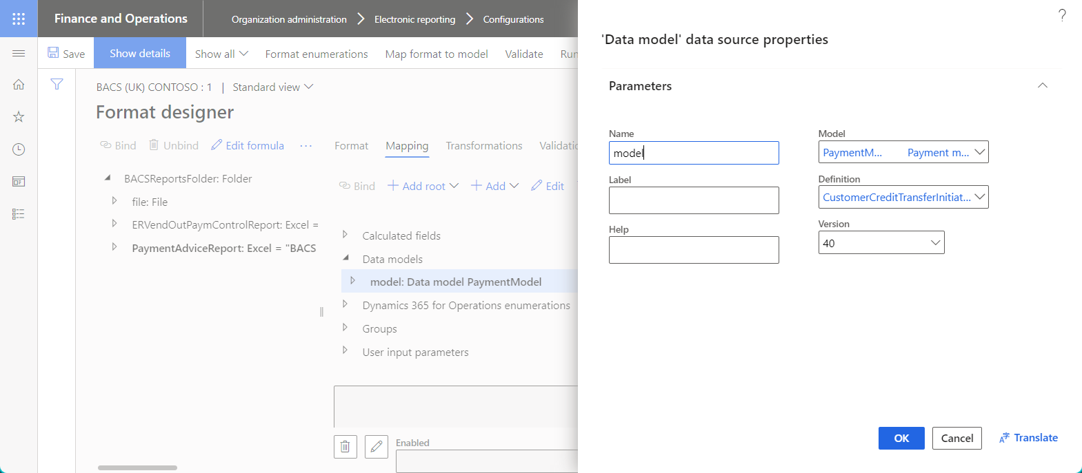 Data source properties dialog box for a data source of the Data model type.