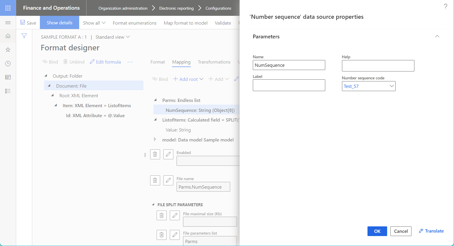 Data source properties dialog box for a data source of the Number sequence type.