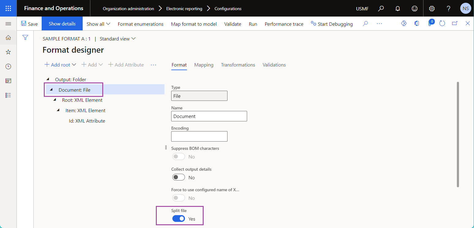 Structure of the sample ER format on the Format designer page.