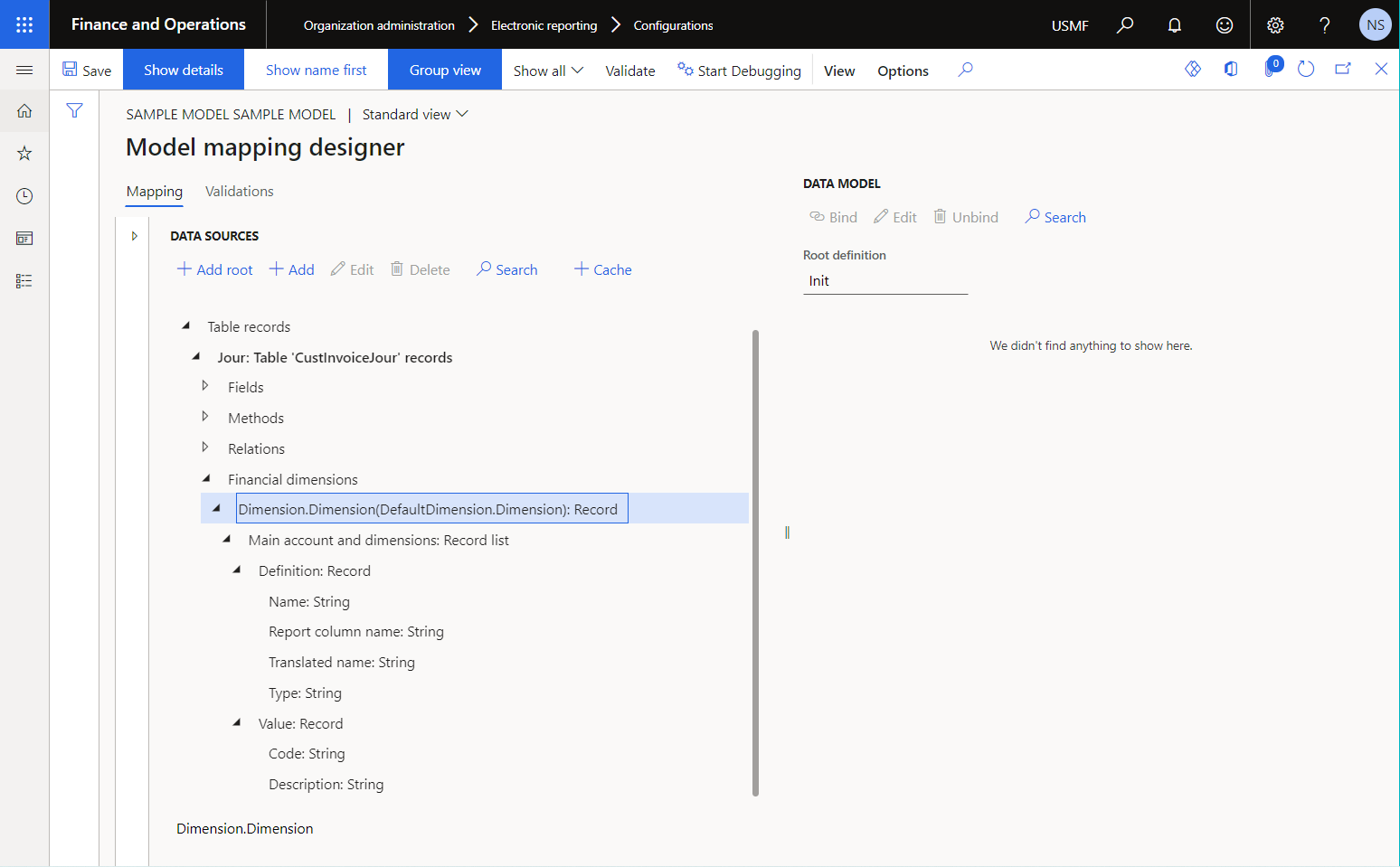 Screenshot of the configured data source of the Table record type on the Model mapping designer page.