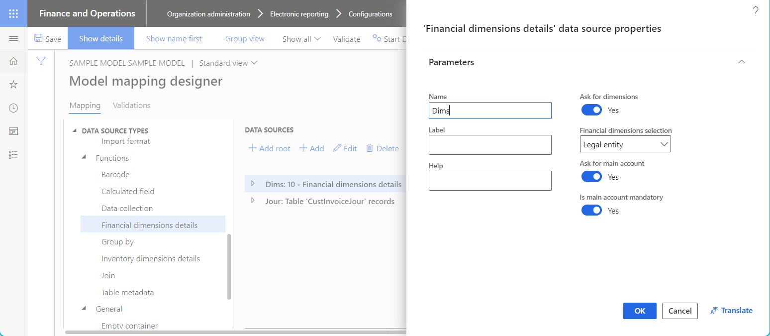 Screenshot of the configured data source of the  financial dimensions details option being highlighted.