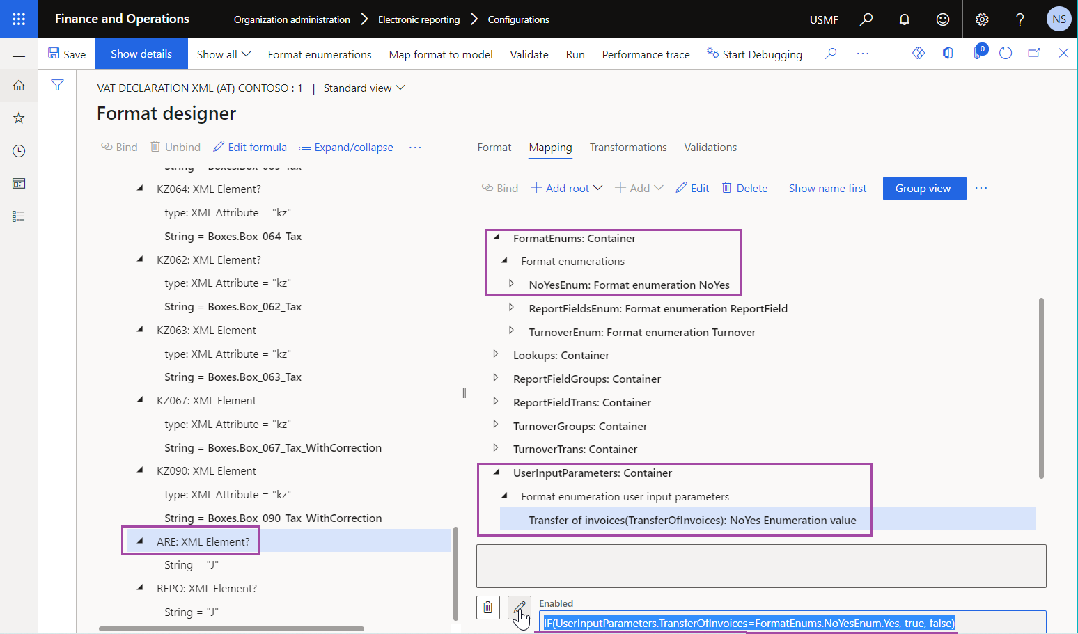 Configuration of an ER expression on the Format designer page to fill in an ER format element.