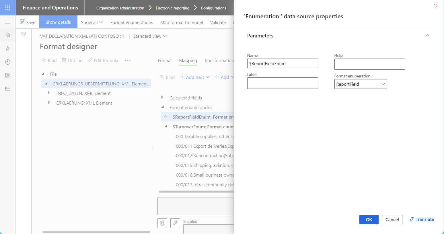 Data source properties dialog box for a data source of the Format enumeration type.