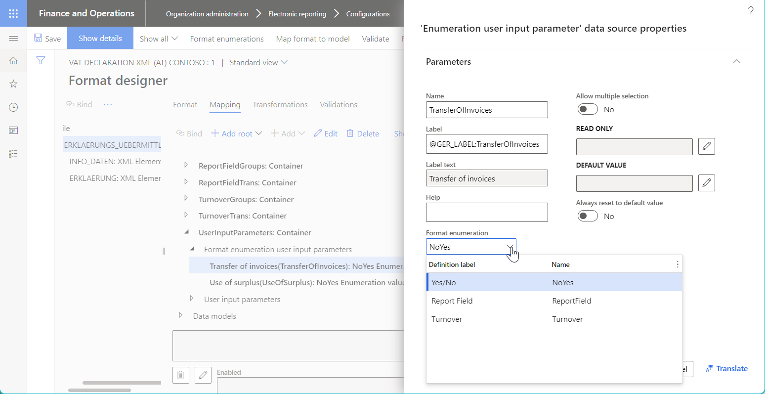 Data source properties dialog box for a data source of the Format enumeration user input parameter type.