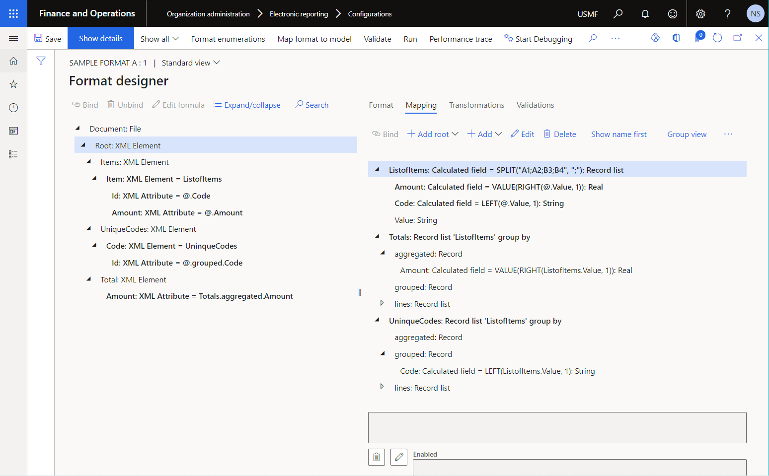 Configured data sources of the Group by type on the Format designer page.