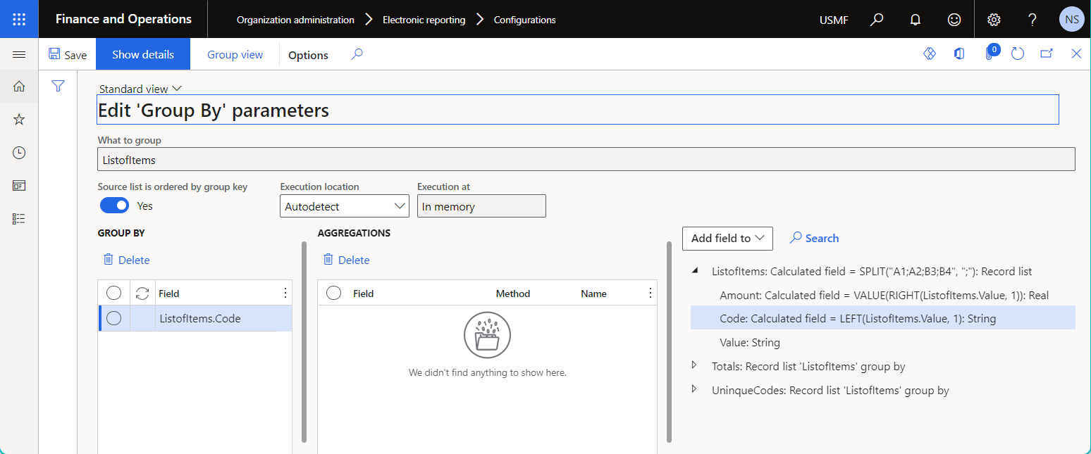 Configured data source of the Group by type for grouping records by code value on the Edit Group By parameters page.