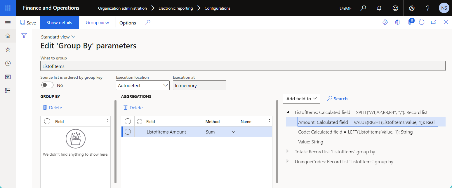 Configured data source of the Group by type for calculating the total amount on the Edit Group By parameters page.