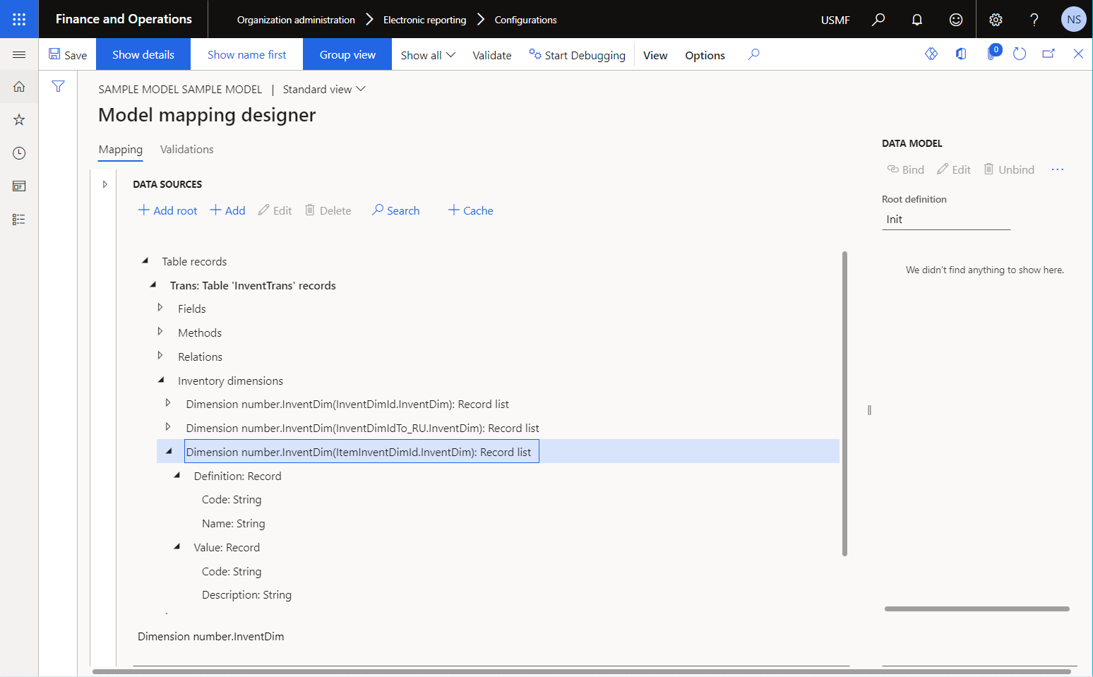 Configured data source of the Table record type on the Model mapping designer page.