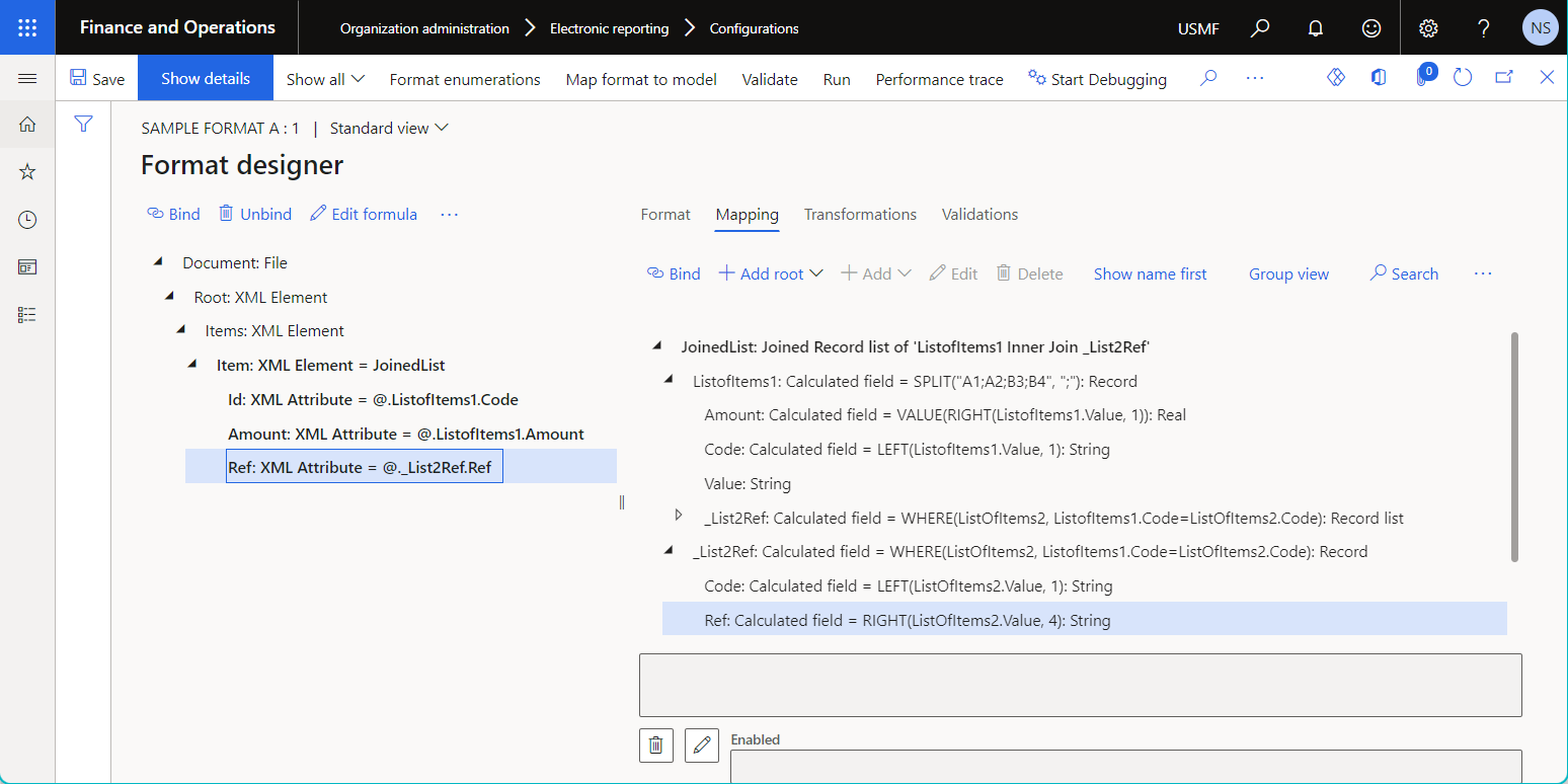 Configured data sources on the Format designer page.