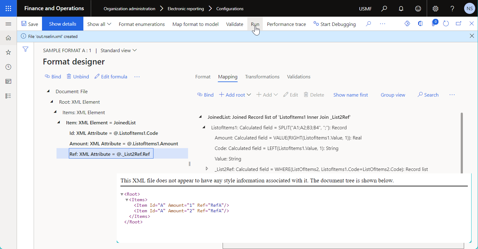 Result of running the sample ER format that has a data source of the Join type on the Format designer page.