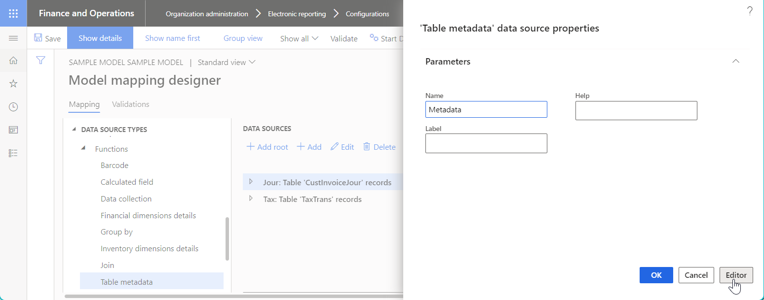 Editor button in the Data source properties dialog box.