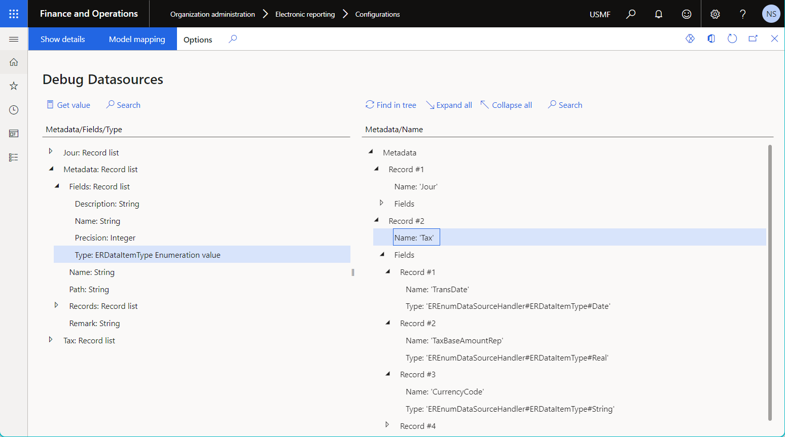 Metadata of the data source of the Table metadata type on the Debug Datasources page.