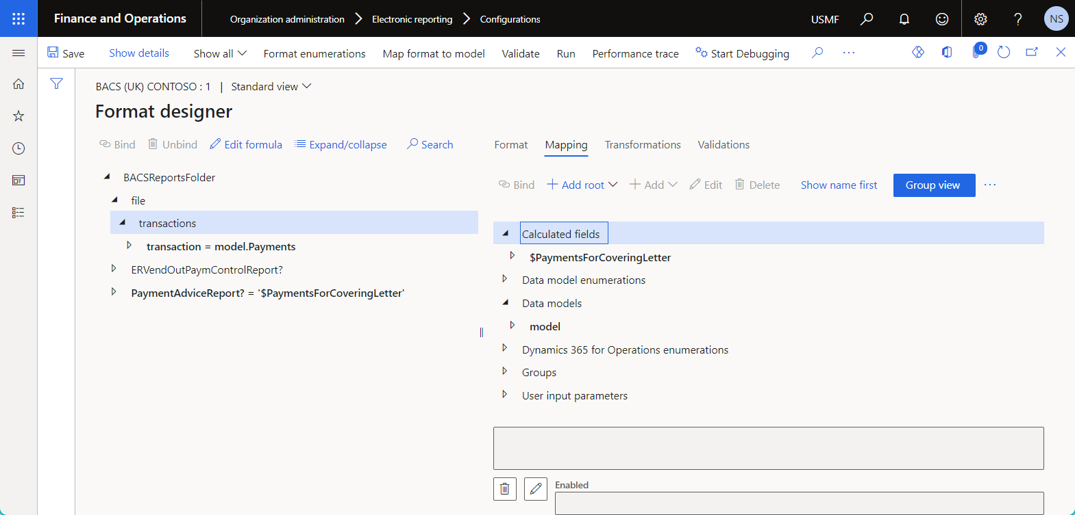 Data sources grouped by type on the Format designer page.