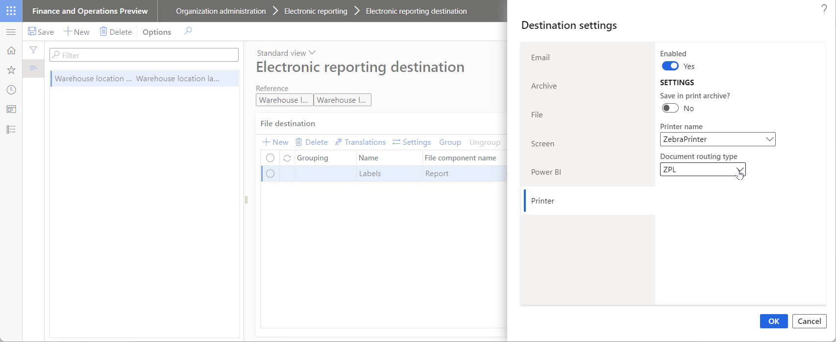 Configuring the ER destination for the Warehouse location labels format on the Electronic reporting destination page.