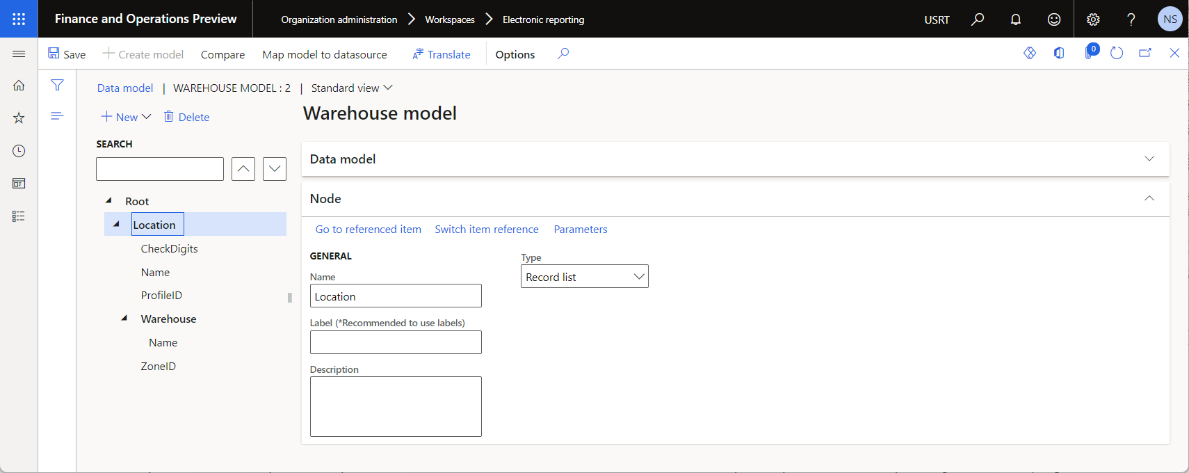 Structure of the ER data model on the Data model designer page.