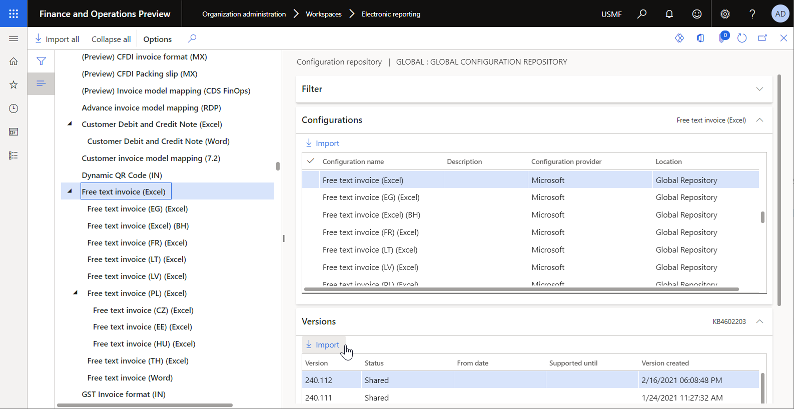 Importing the standard ER configurations on the Configuration repository page.