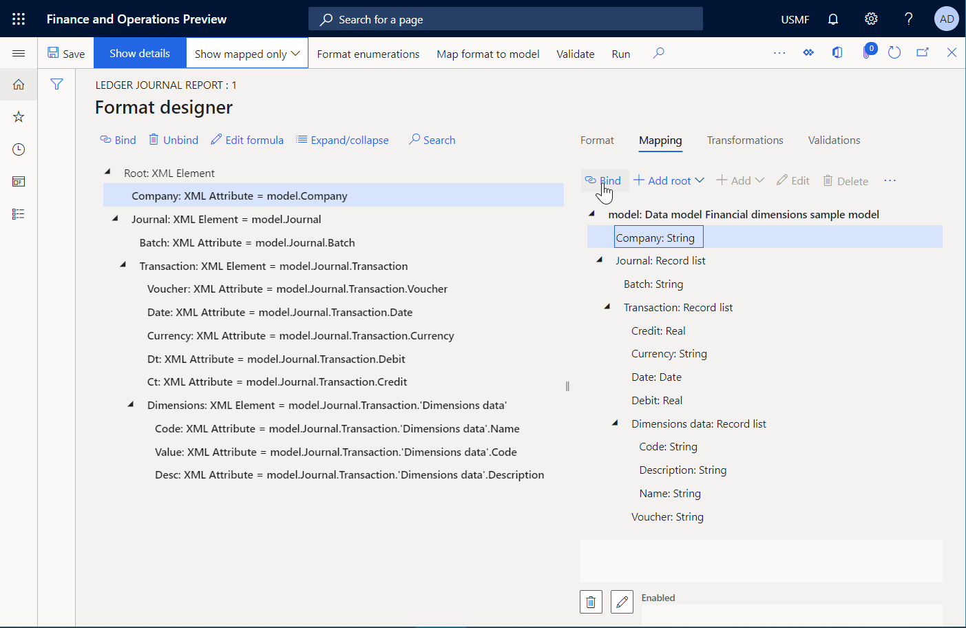 Format designer page, report elements mapped to data sources.