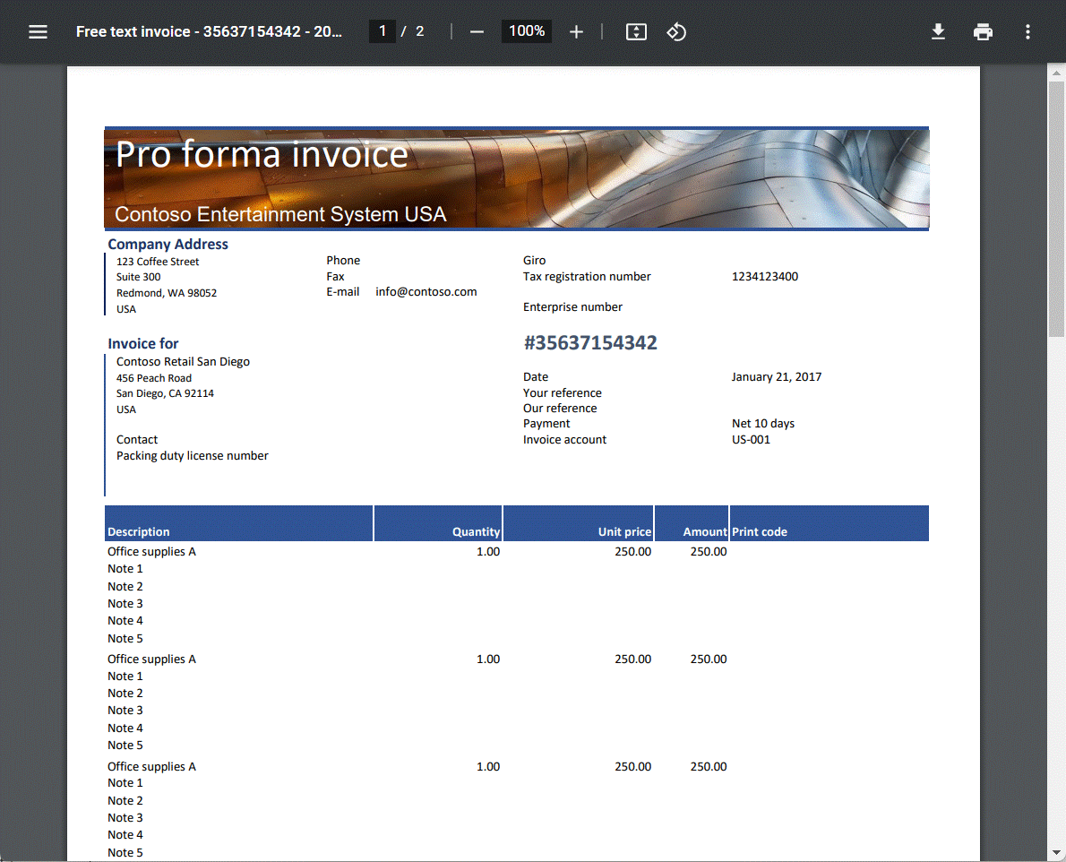 Reviewing the pagination of the generated free text invoice in the Excel desktop application.