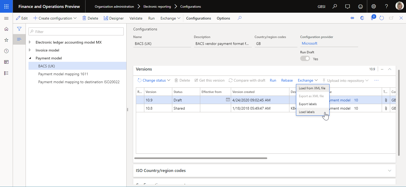 ER Configurations page allowing to import ER labels to the selected conviguration version.