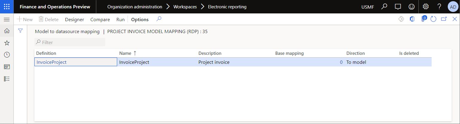 Project invoice model mapping on the Model to datasource mapping page.