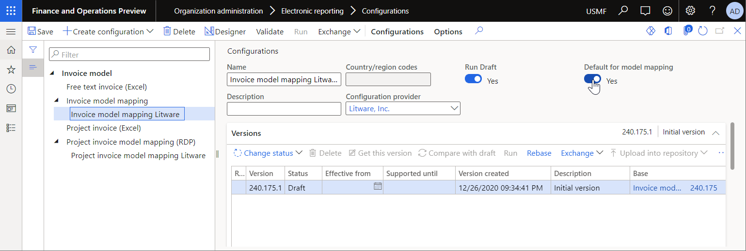 Setting the model mapping as the default model mapping on the Configurations page.