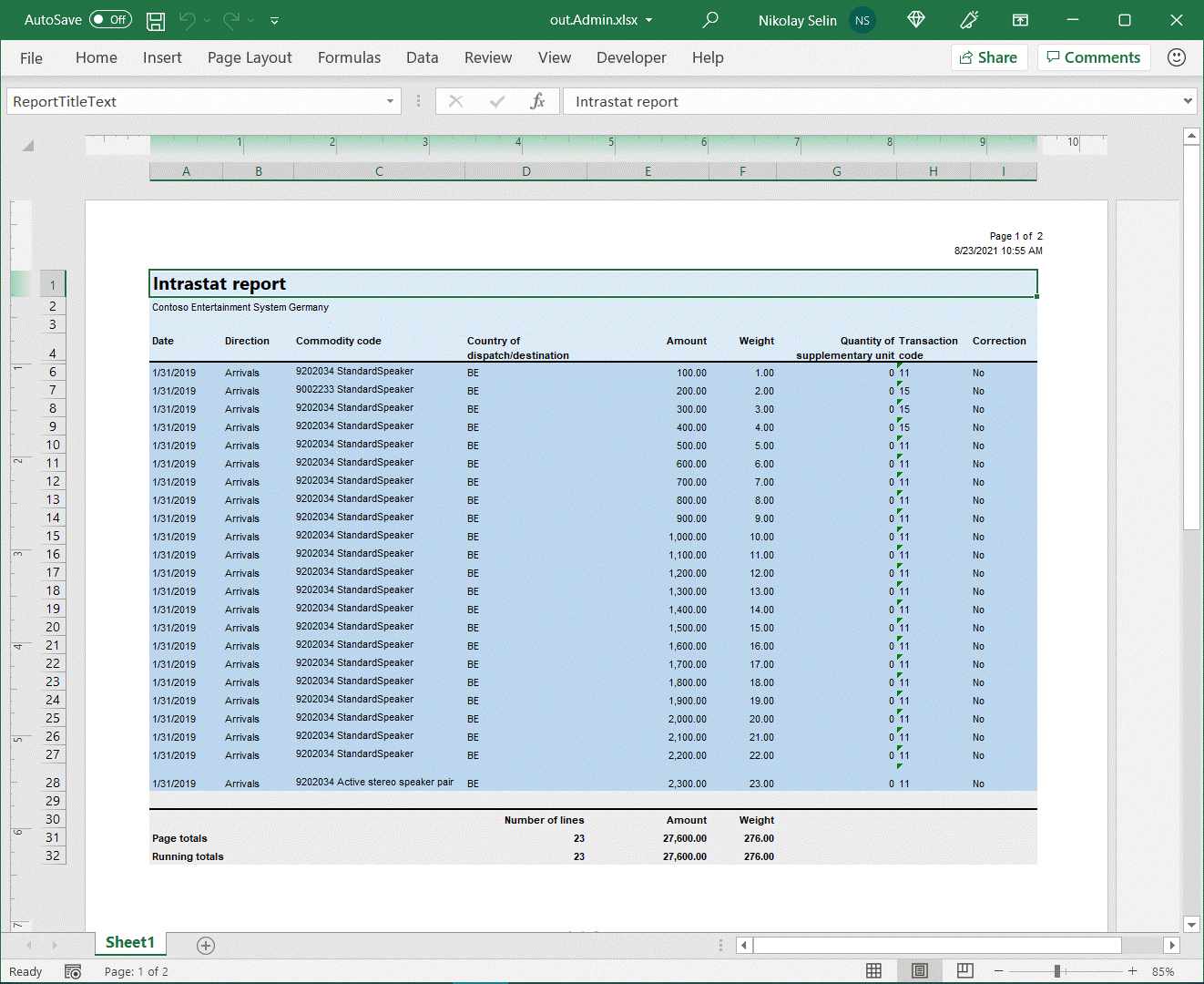 Updated generated Excel document in the desktop application.