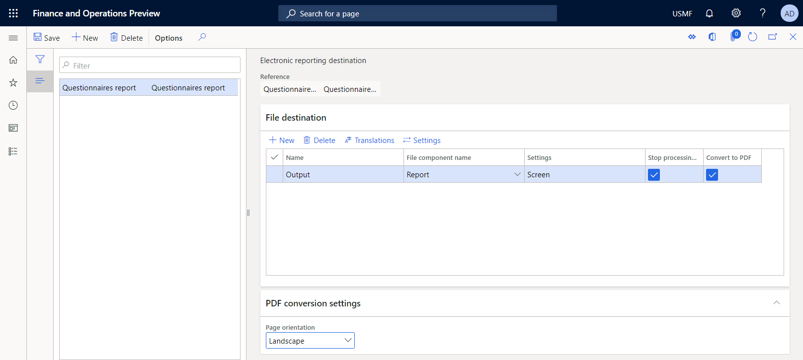 Configuring the custom Screen destination for the ER format on the Electronic reporting destination page.
